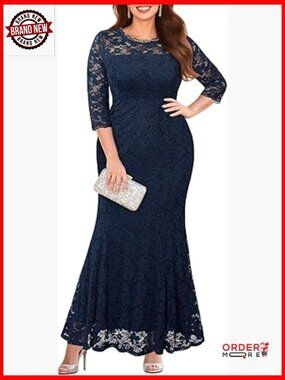 Plus Size Formal Lace Mermaid Gown Wedding Evening Dress 3/4 Sleeves